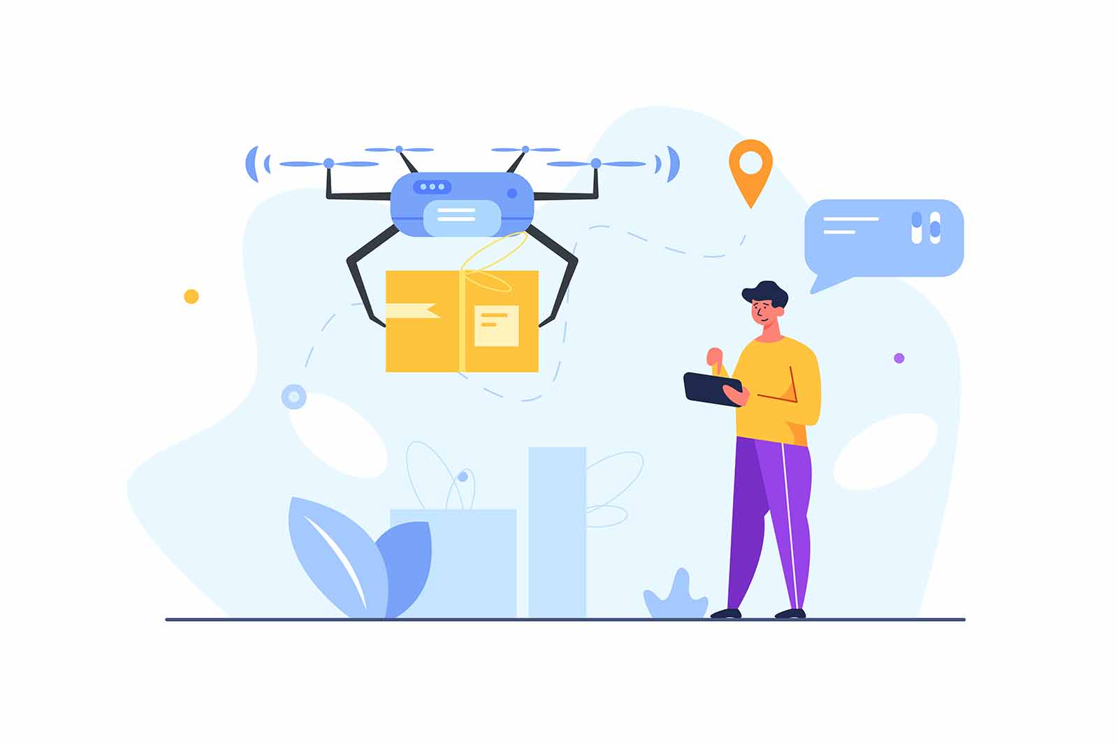 Guy with tablet caused boxed cargo delivery via electric wireless drone isolated on white background, flat vector illustration