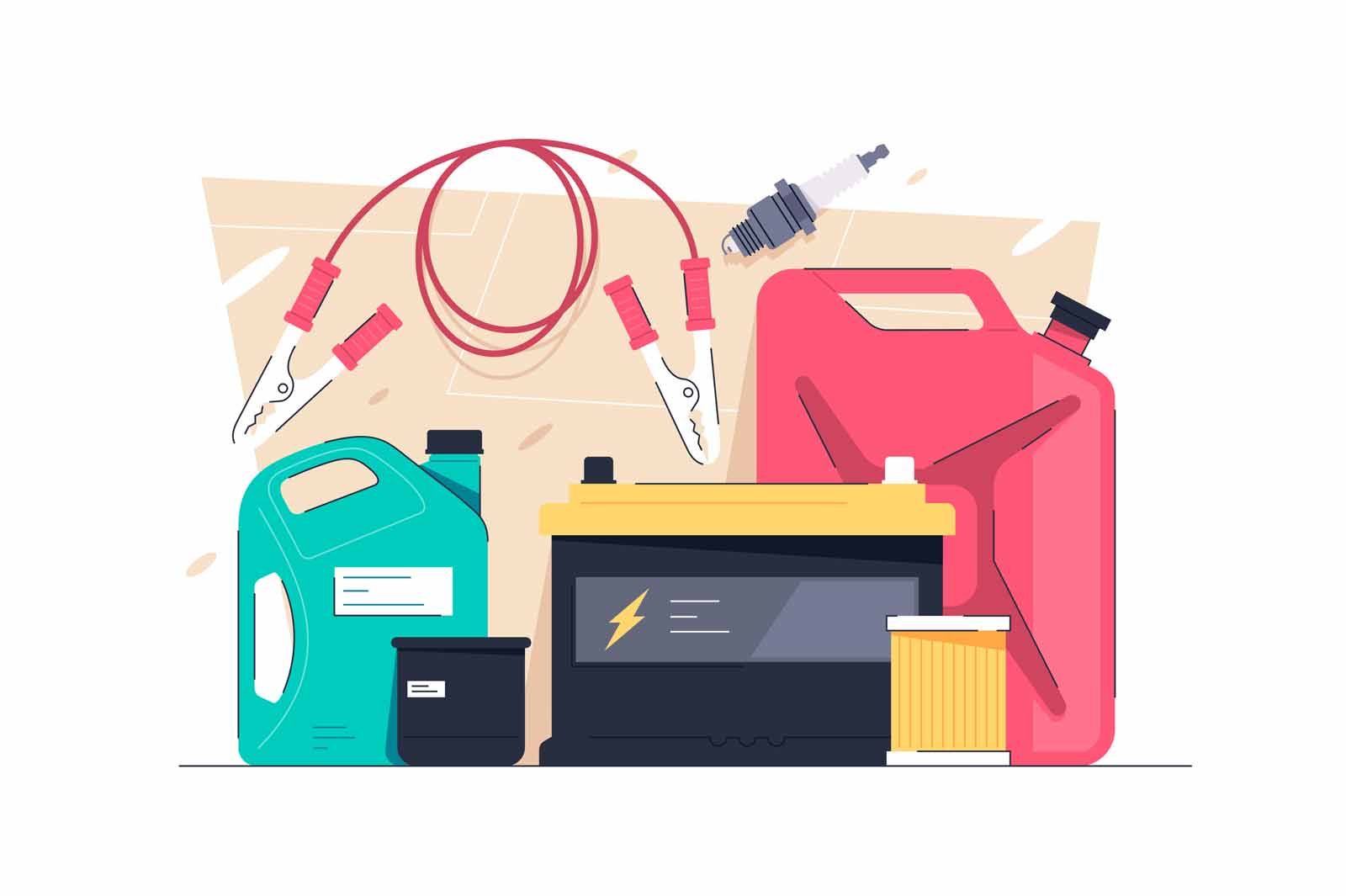 Set of tools needed for car repair unexpectedly vector illustration. Essential tool kit in car flat style. Car maintenance, pit stop concept