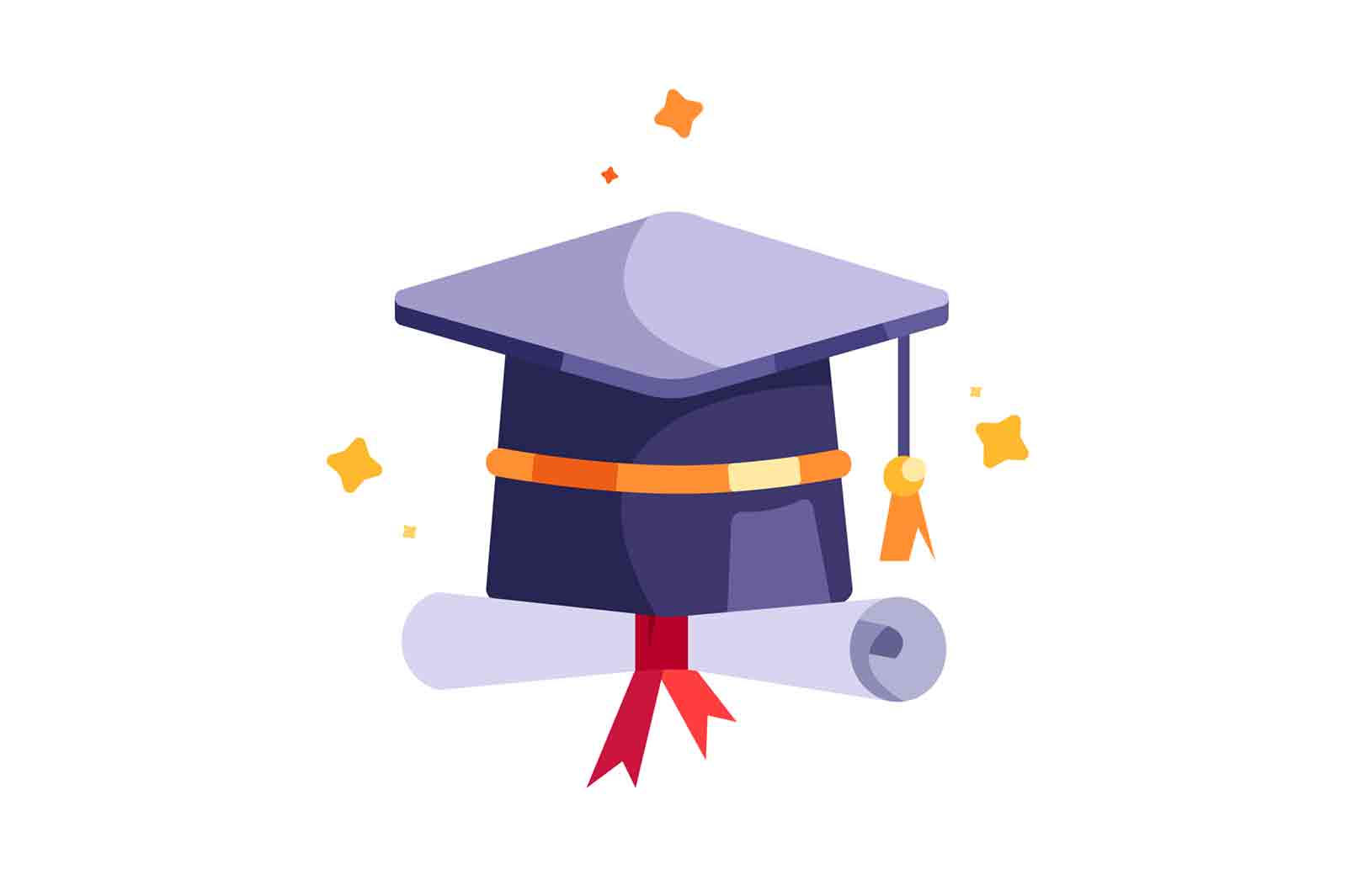 Graduation cap with scroll school graduation diploma isolated on white background flat vector illustration.