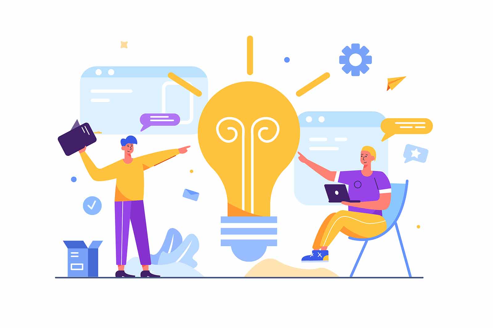 Two guys came up with an idea pointing at a big light bulb, communication, gadgets, inspiration, isolated on white background, flat vector illustration