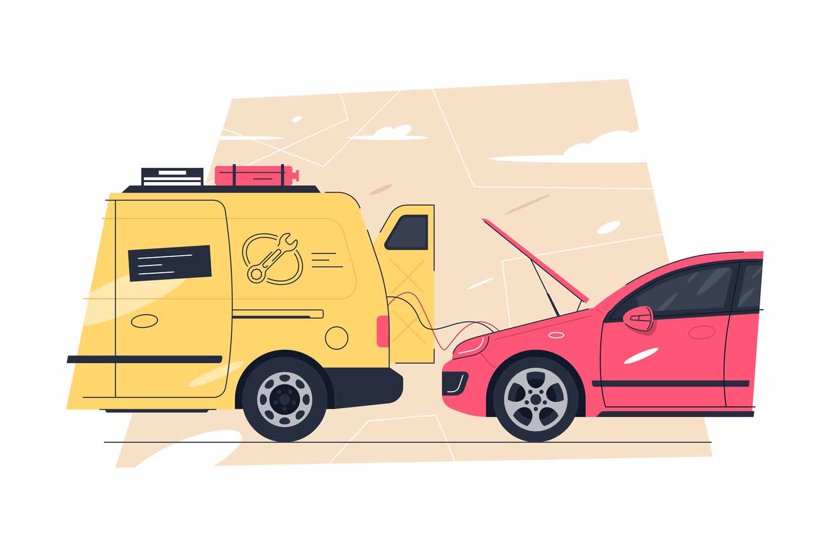 Online roadside assistance or automobile repair service vector illustration. Road accident or car trouble flat concept. Broken vehicle and emergency services