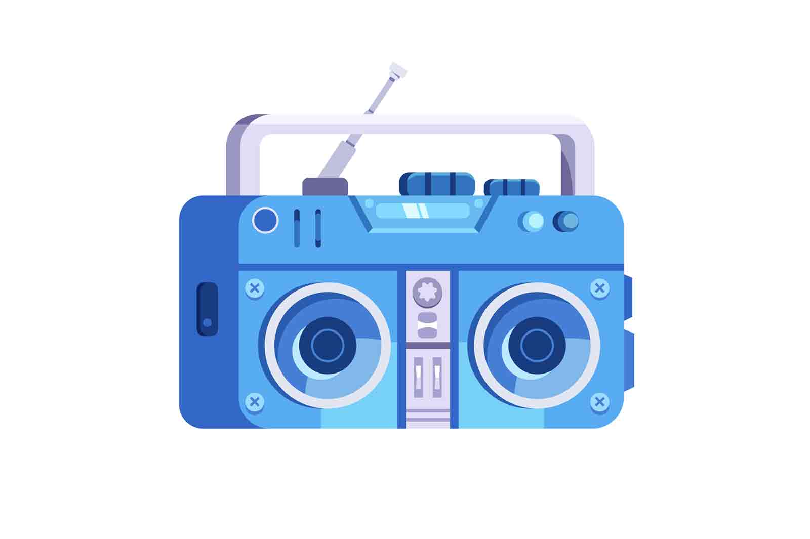 Vintage tape player from 80s, blue, sound isolated on white background, flat vector illustration.