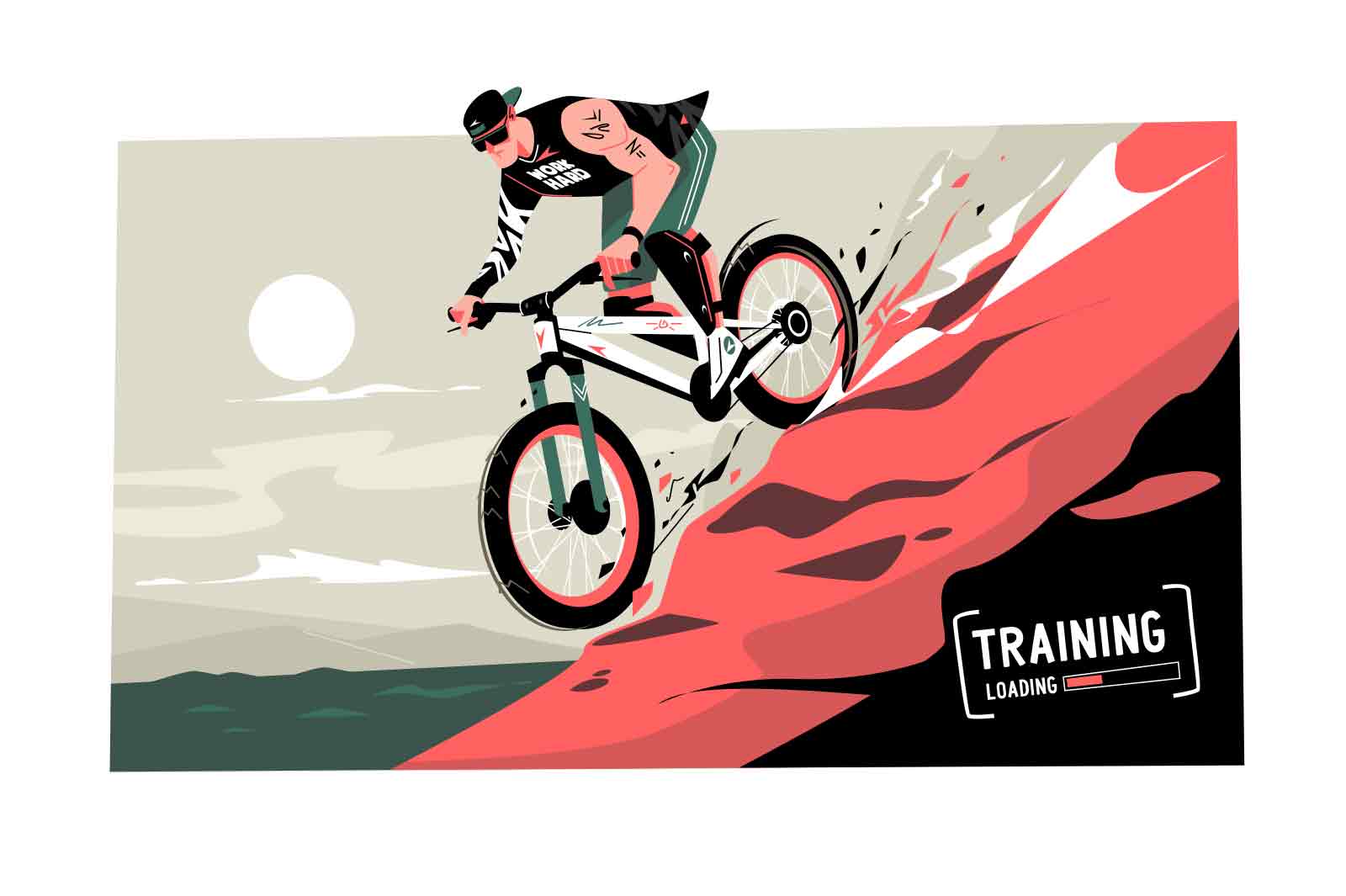 Mountain bike trials, adventure bicycle and extreme sport vector illustration. Biker moving down hill flat concept