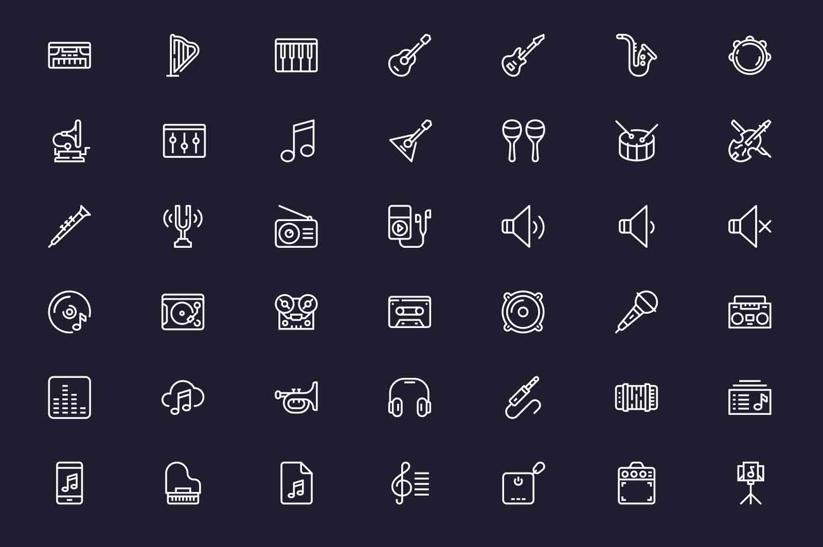 Musical instruments and symbols icons set vector illustration. Guitar, piano, drums, violin, note line icon. Dark background