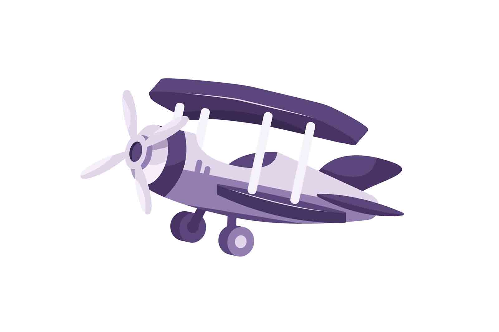 Vintage single seater plane with propeller in the sky isolated on white background, flat illustration.