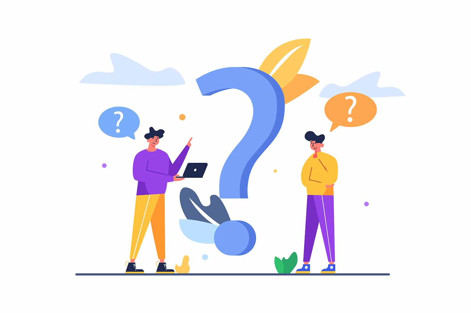 Two guys thinking how to answer the question asked them, big flat question mark, guy with folded hands thinking how to answer, isolated on white background, flat vector illustration