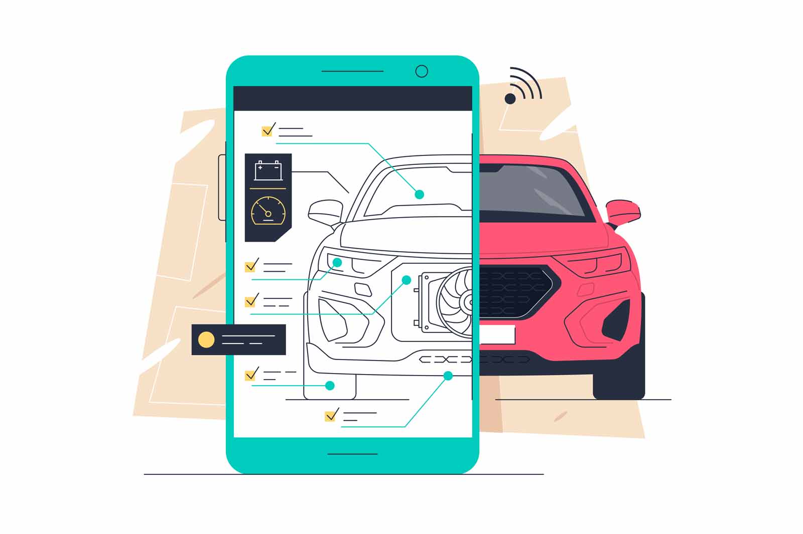 Remote car diagnostics, car service and maintenance vector illustration. Tablet pc screen with diagnostic process flat concept