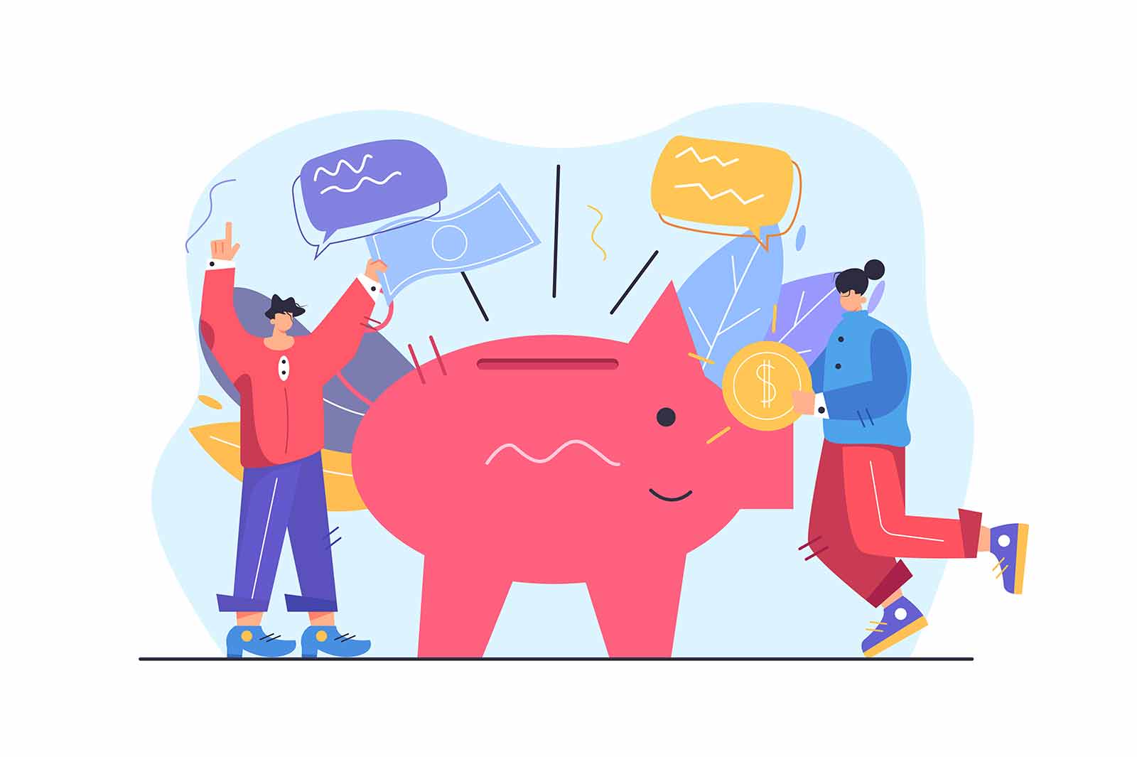 Girl and guy save money and put the accumulated pig in a big piggy bank isolated on white background, flat vector illustration