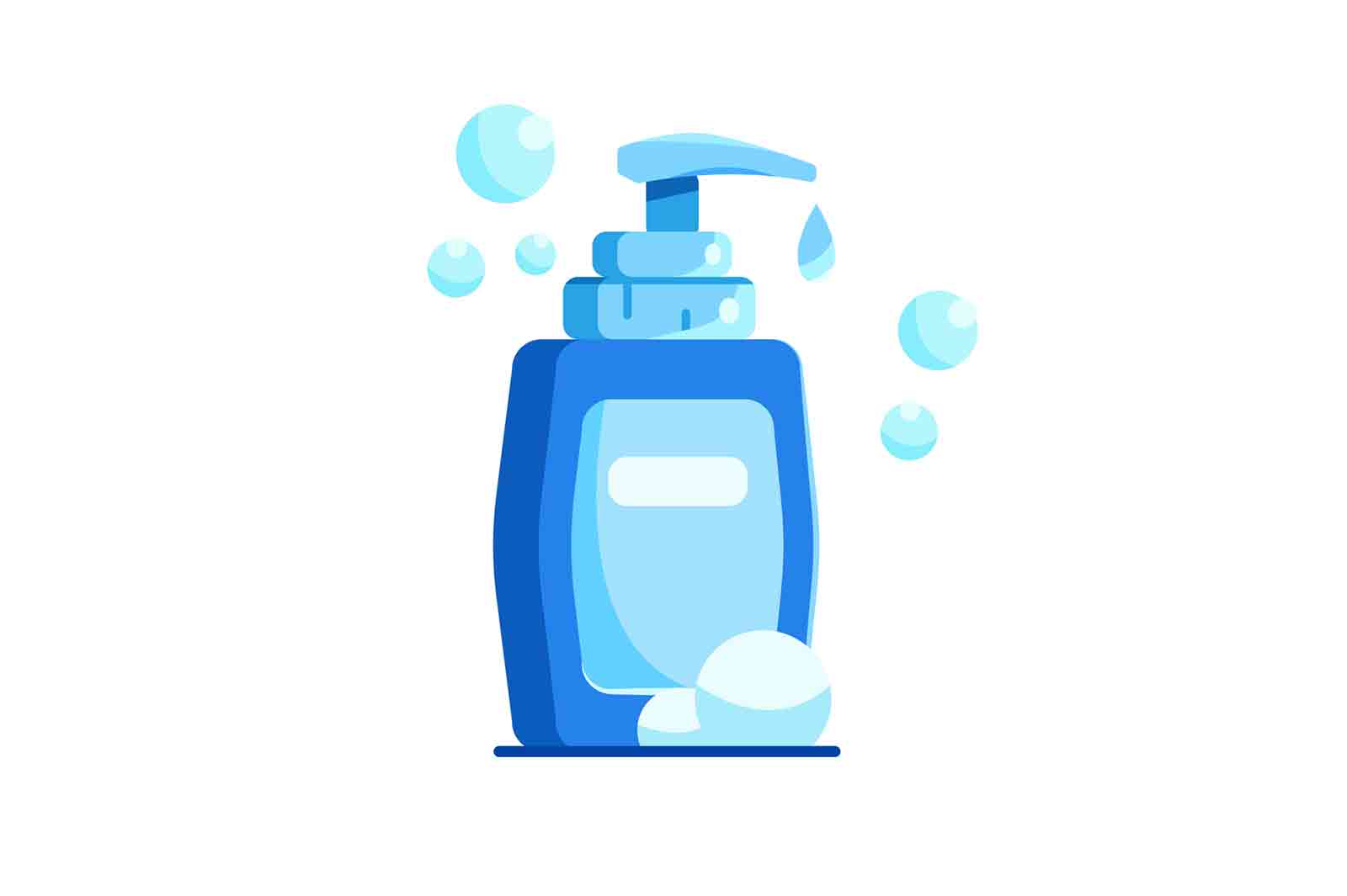 Modern liquid soap with sticker, with bubbles and foam, isolated on white background, flat vector illustration.