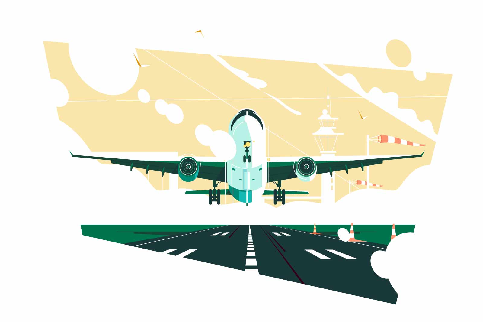 Airplane reaches cruising altitude and take off vector illustration. Plane with pilot fly in air flat style. Trip, aerial transport concept