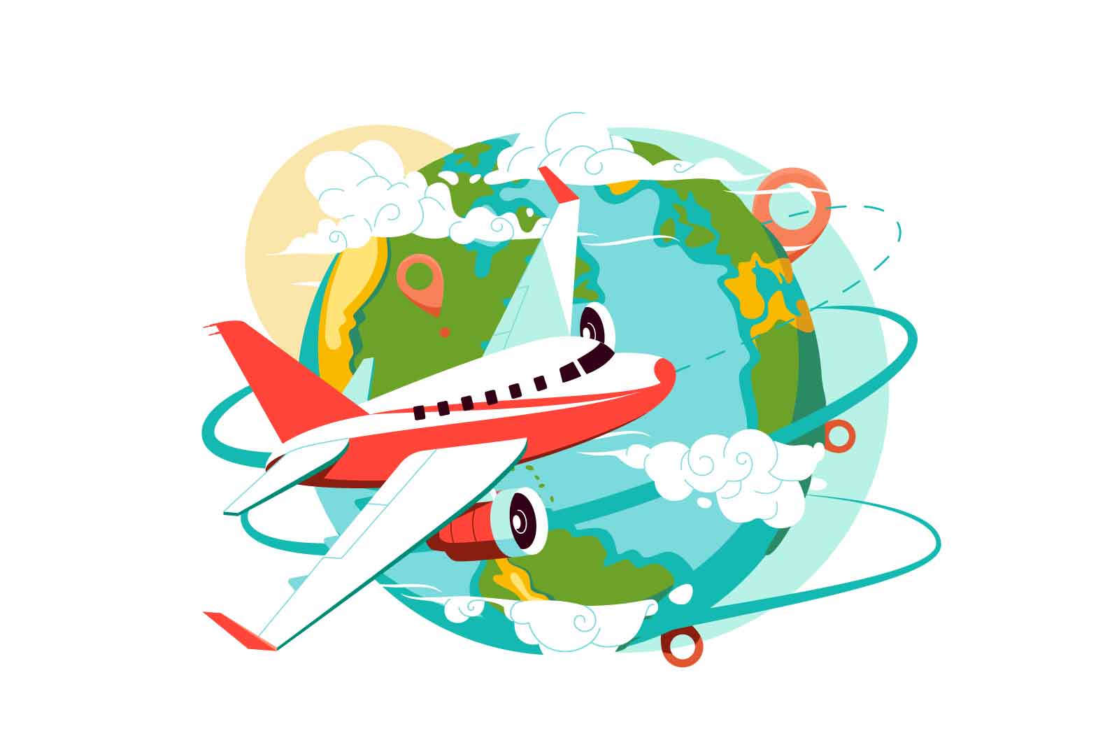 Airplane fly around world globe, explore planet vector illustration. Plane with passengers flat style. Travelling, adventure, trip concept