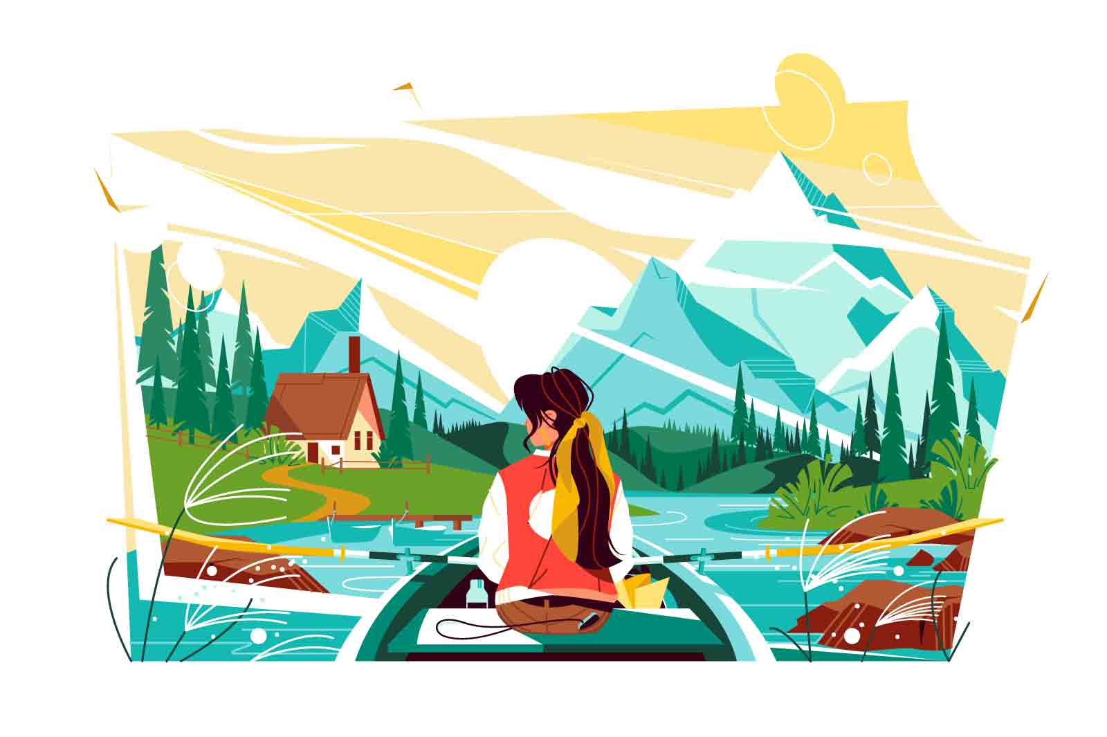 Girl boating on lake, picturesque mountain landscape vector illustration. Lake boat forest scene flat style concept. Travelling idea