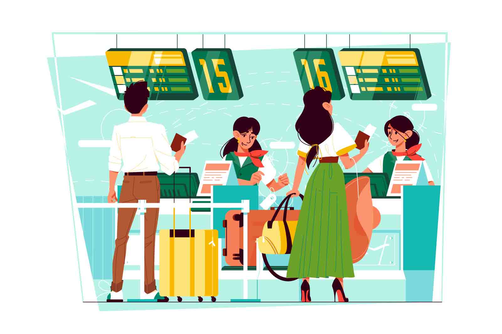 People stand in line for checkin in airport vector illustration. Show passport on registration flat style. Travel, voyage, adventure concept