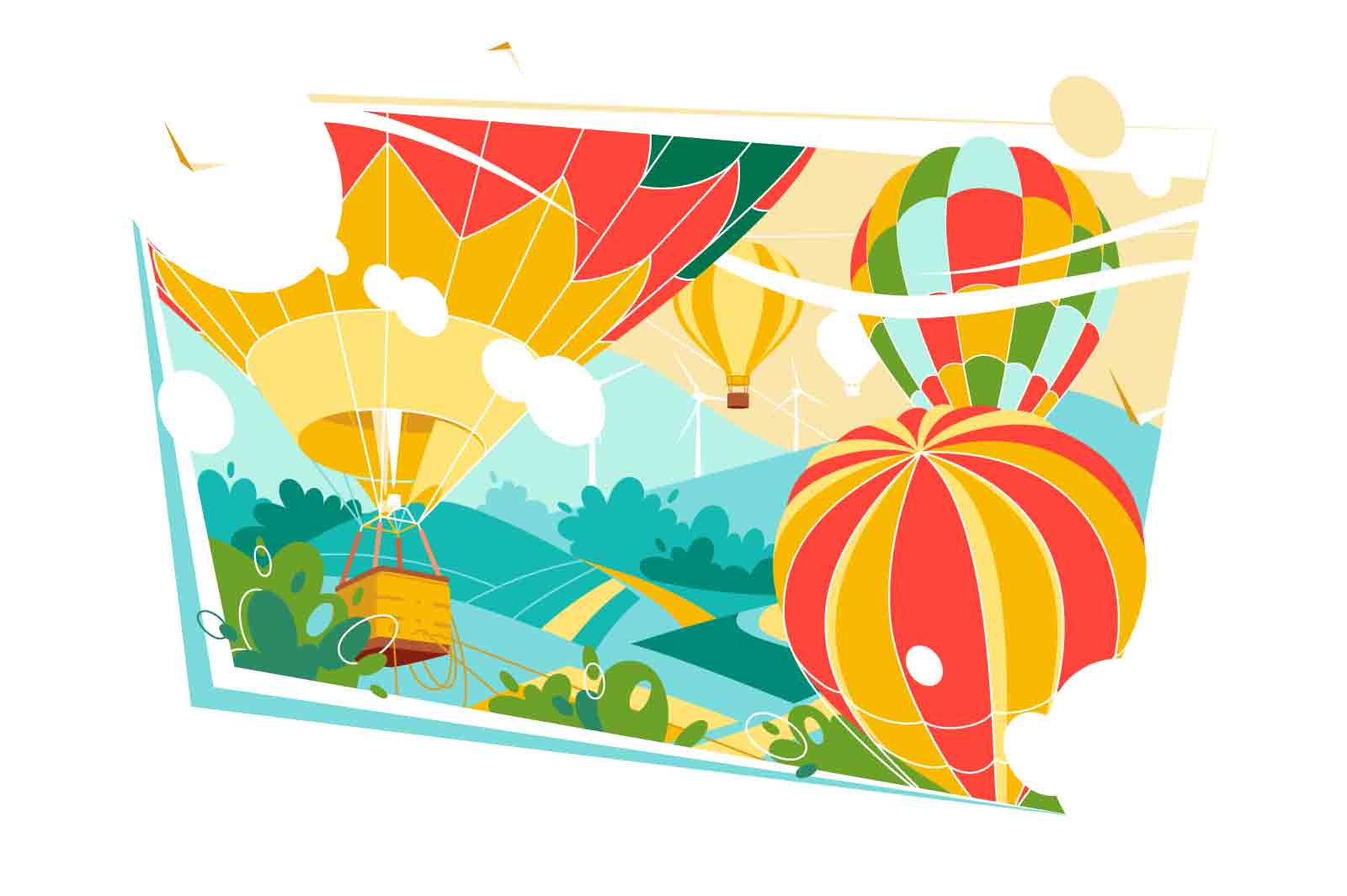 Flying hot air balloon above mountains, air balloon festival vector illustration. Romantic summer trip flat style. Vacation, journey concept