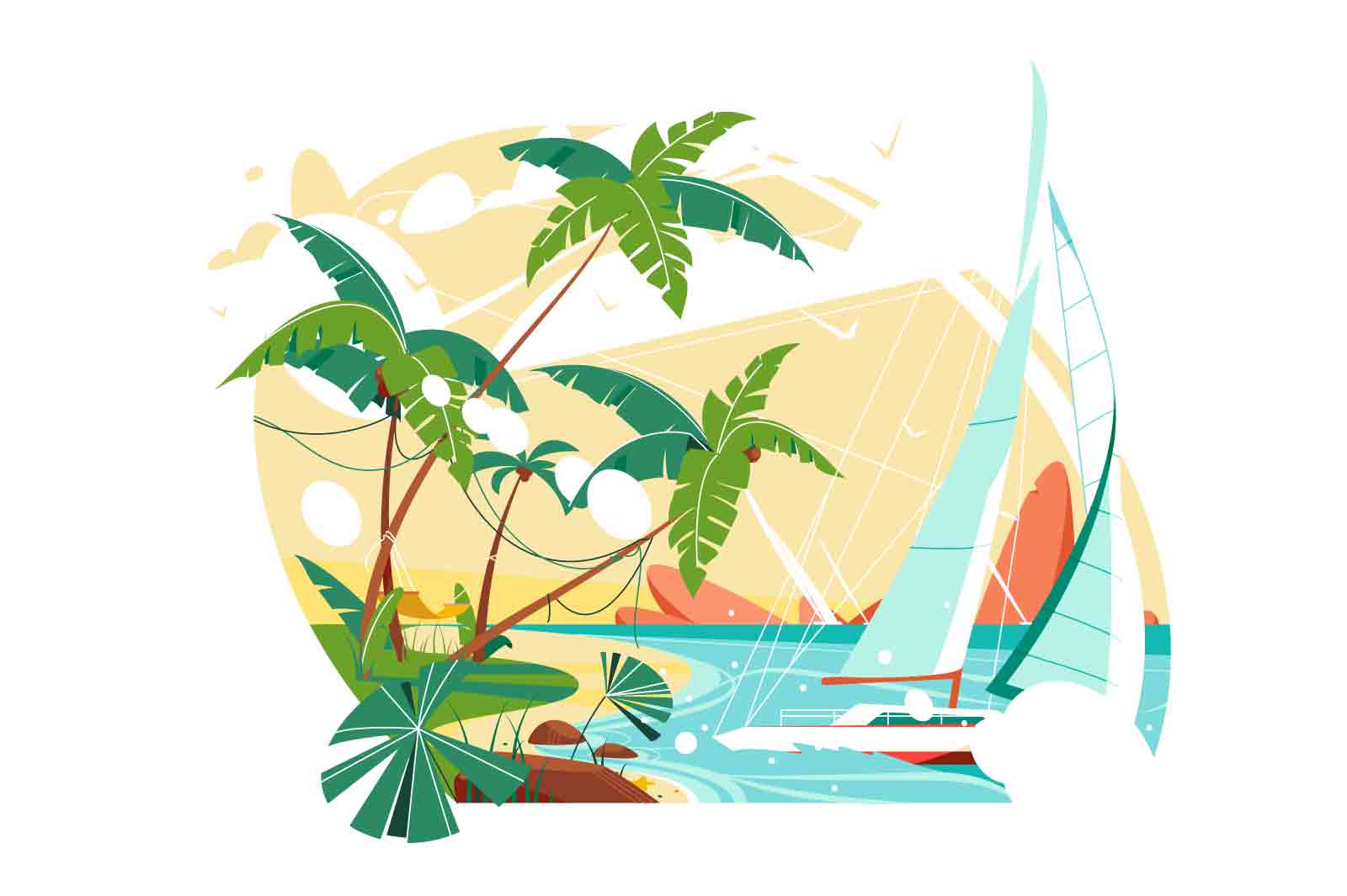 Sea beach island, summer landscape of ocean shore vector illustration. Palm trees on sand beach flat style concept. Seascape panorama