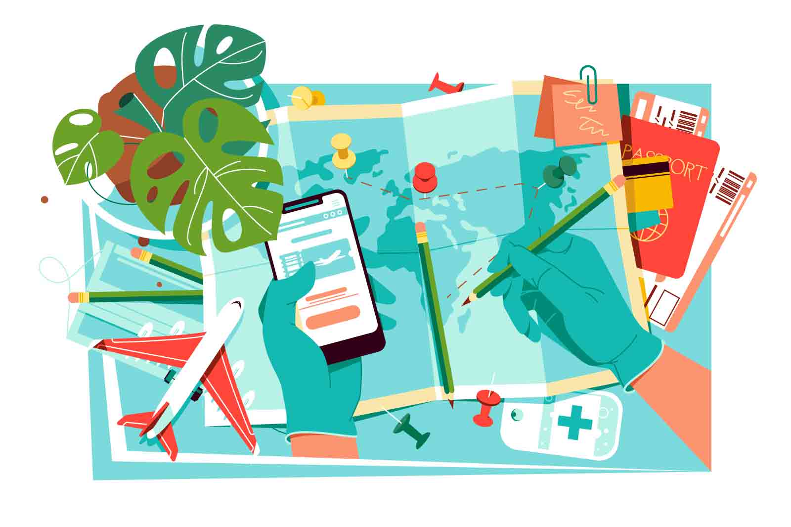 Travelling plan during worldwide pandemic, trip planning vector illustration. Person hands in gloves, map, passport and tickets