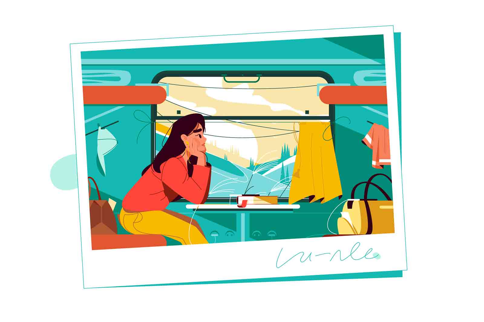 Girl traveling by train watch through window vector illustration. Dreamy passenger enjoy view flat style. Tourist, adventure, trip concept