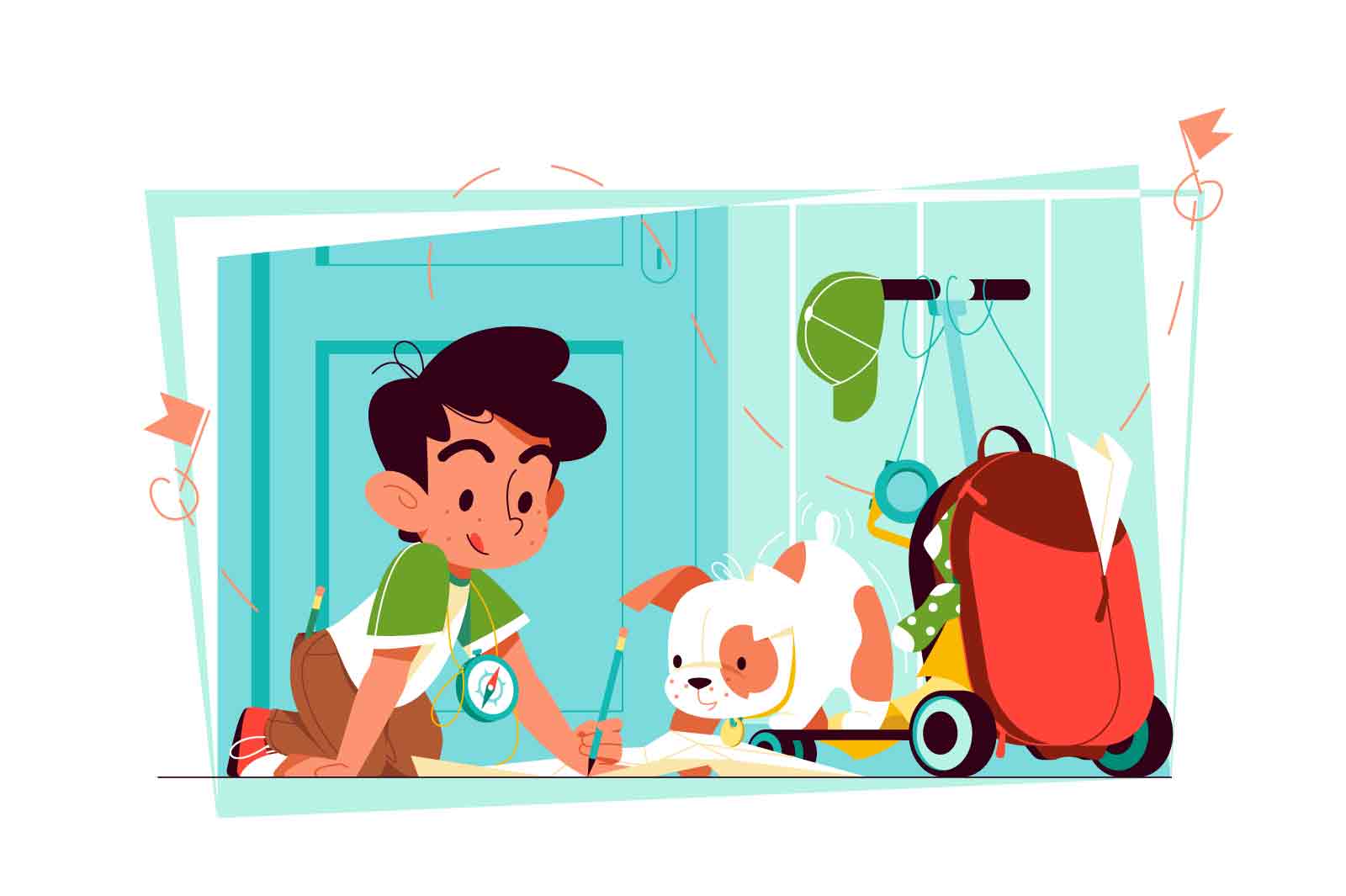 Young boy traveler paint with dog puppy in room vector illustration. Packed luggage, dream of trip flat style. Travelling, adventure concept