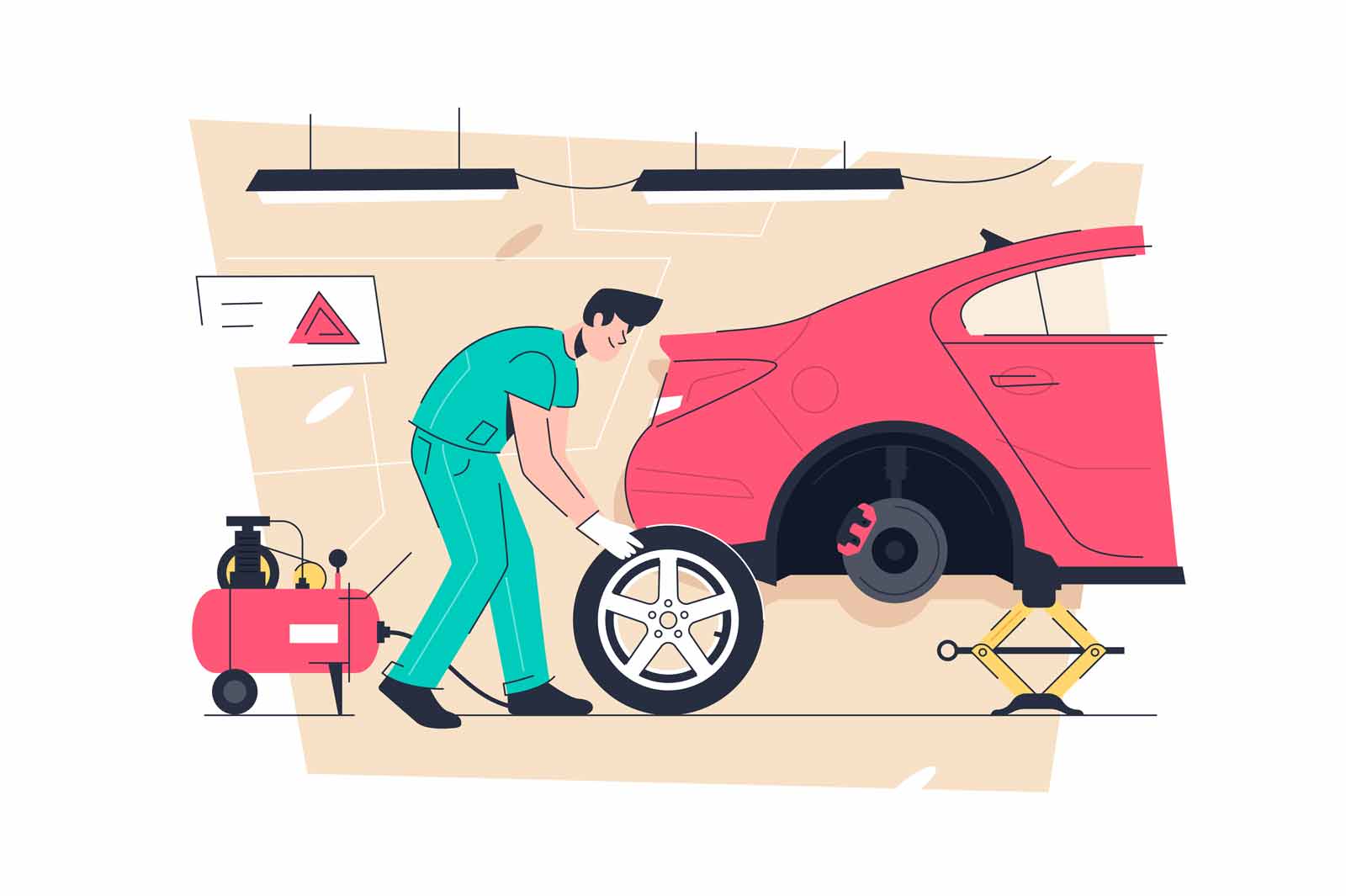 Mechanic man change car tire on service station vector illustration. Fix car in garage flat style. Pit stop, maintenance concept