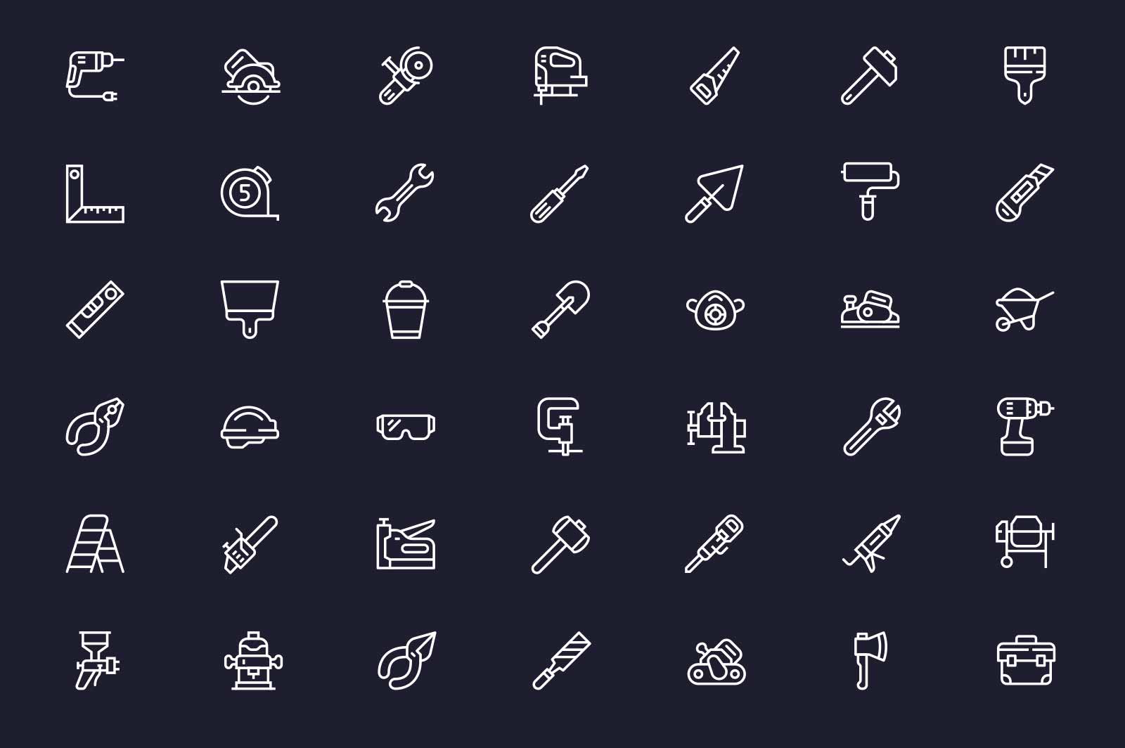 Tools for home repair works icons set vector illustration. Instruments for fixing things line icon. Dark background