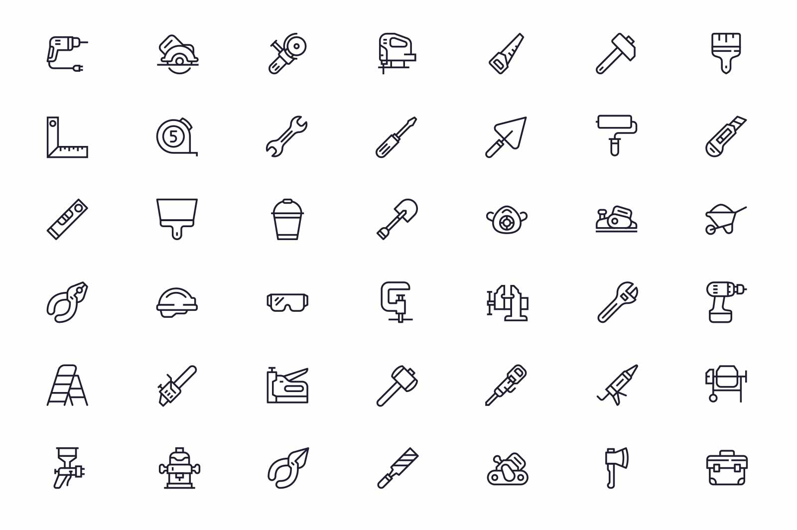 Tools for home repair works icons set vector illustration. Instruments for fixing things line icon. Homebuilding, construction and renovation concept