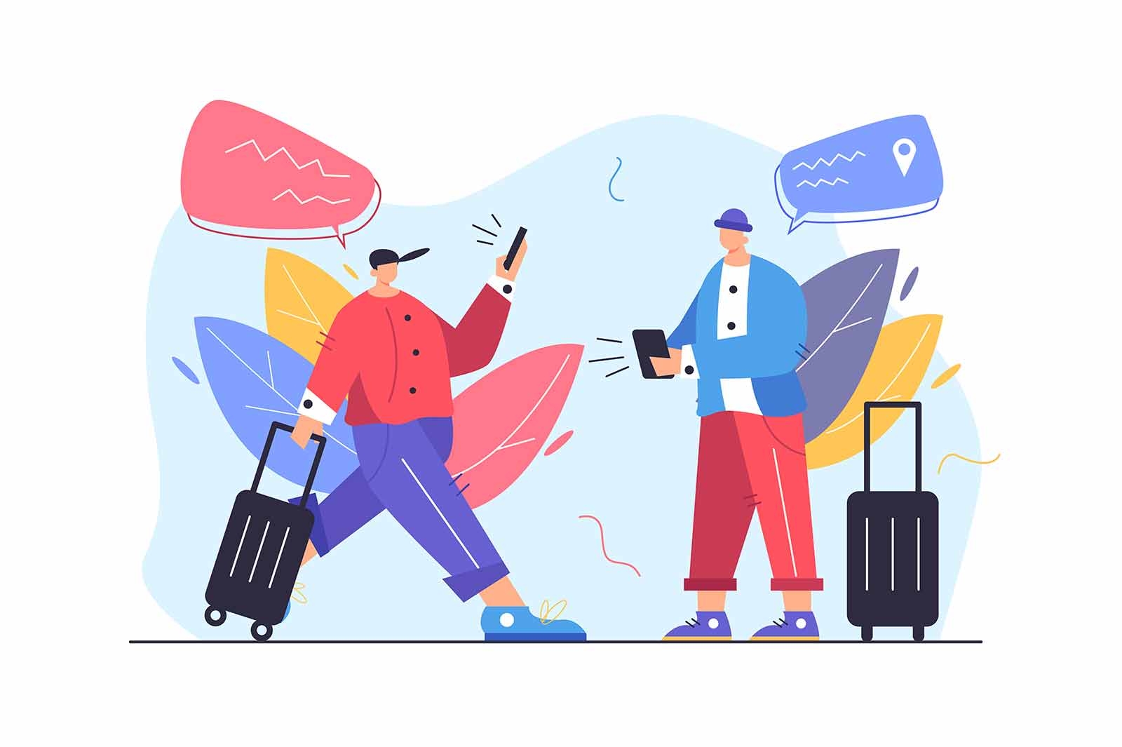 Two guys tourists looking for a way in mobile gadgets, guy goes with suitcase and phone isolated on white background, flat vector illustration