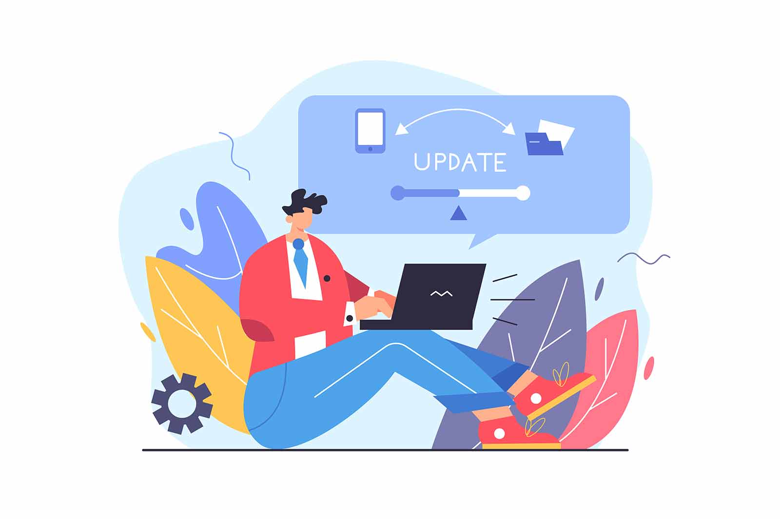 Guy updates program on laptop, big virtual screen popping out of laptop isolated on white background, flat vector illustration