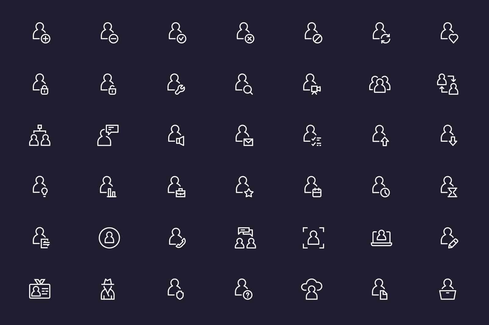 User simple icons set vector illustration. Man, woman, profile, personal quality linear icon collection. Dark background