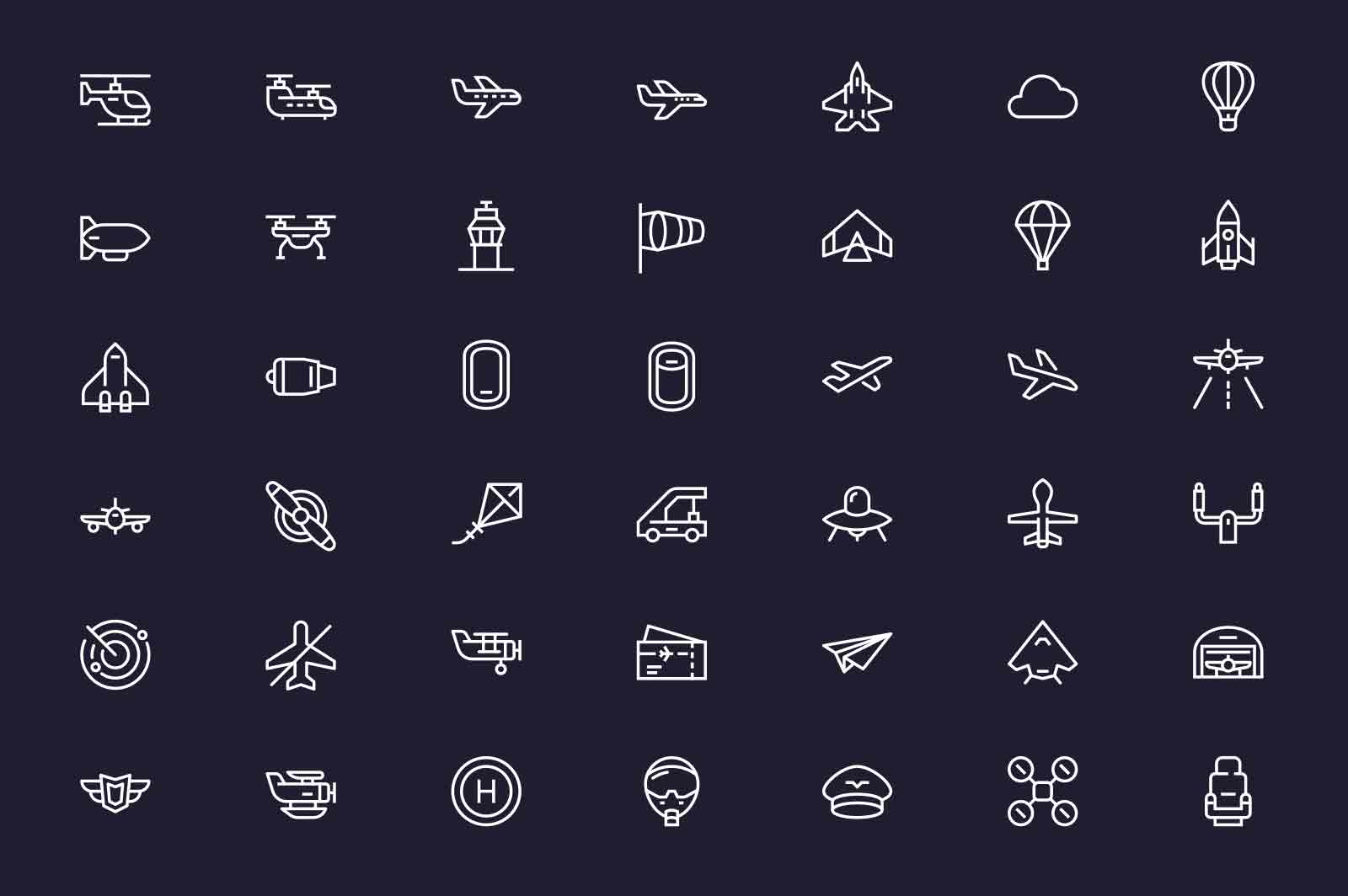 Aviation transport for air tourism icons set vector illustration. Sky flying machines line icon. Dark background