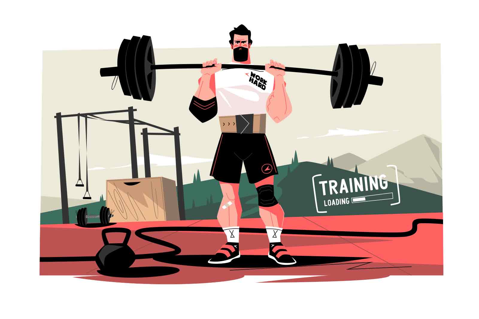 Weightlifting, guy bodybuilder working out with dumbbell vector illustration. Muscle training, physical exercise flat concept. Sport workout