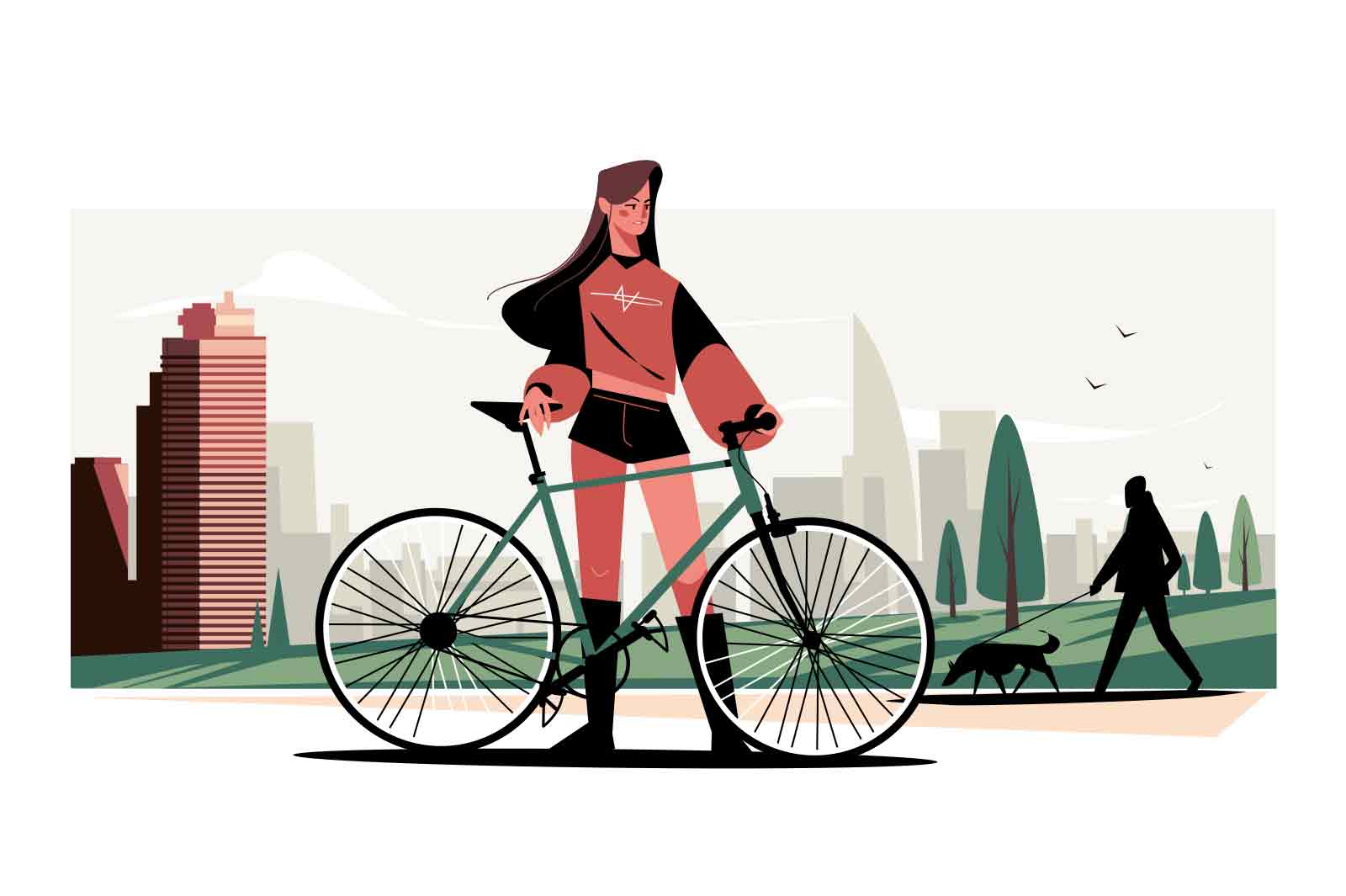 Young woman pose with bike in city park vector illustration. Sportswoman on evening ride flat style. Hobby, leisure, sport lifestyle concept