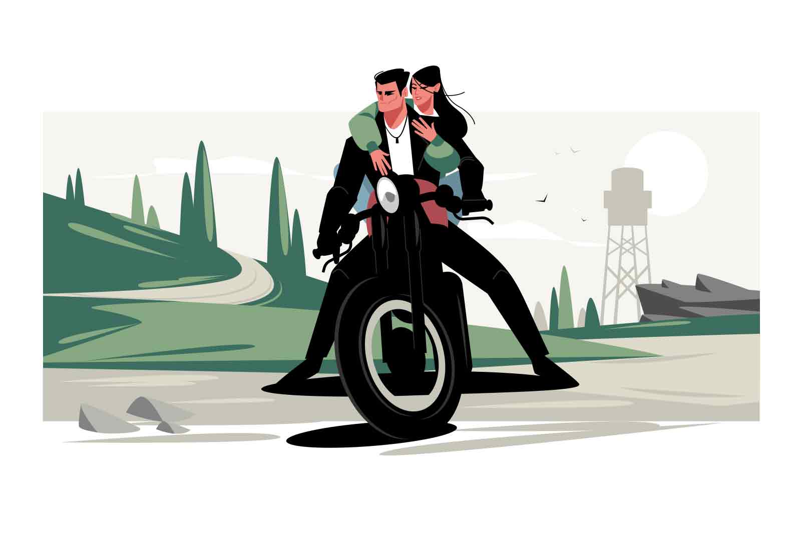 Guy biker with girlfriend sitting on bike vector illustration. Couple on motorcycle flat style design. Extreme sport and freedom lifestyle concept