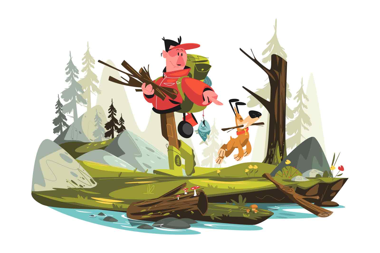 Man collecting brushwood for campfire with dog vector illustration. Guy holding firewood for kindling bonfire flat concept. Wild nature and active leisure