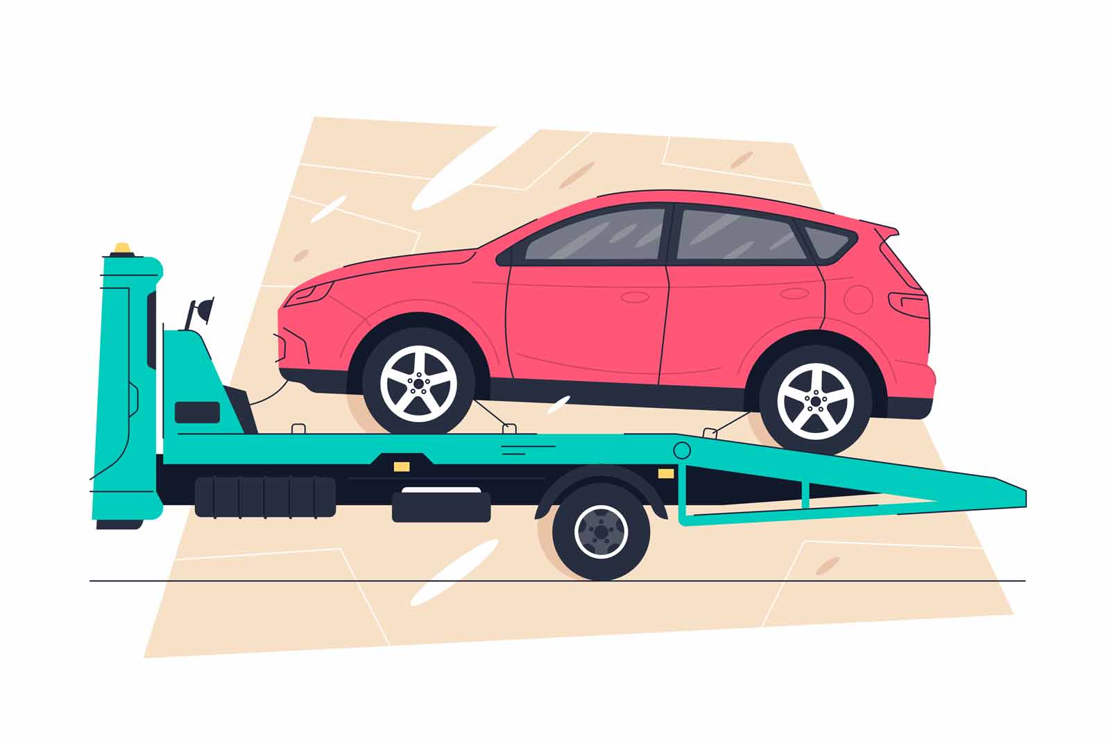 Car towing truck, evacuator or roadside assistance service vector illustration. Wrecker breakdown lorry loading and transportation flat concept