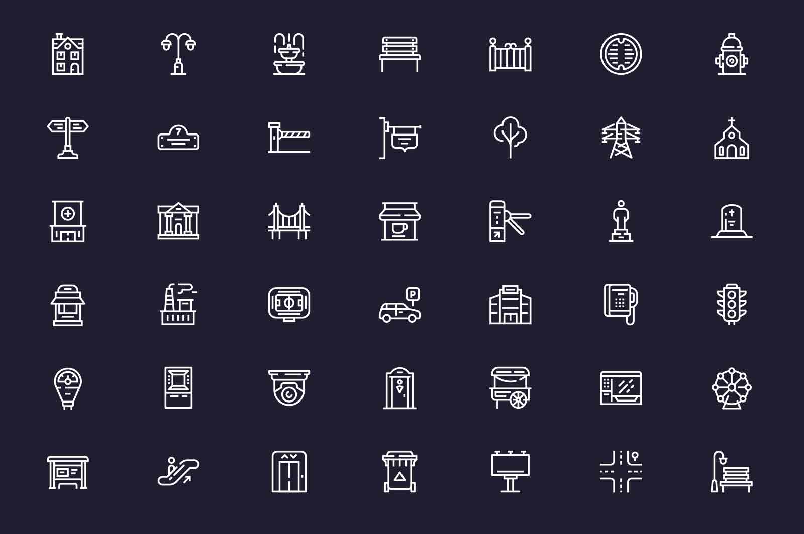 Urban city elements for design icons set vector illustration. Collection of linear icon for town decoration. Dark background