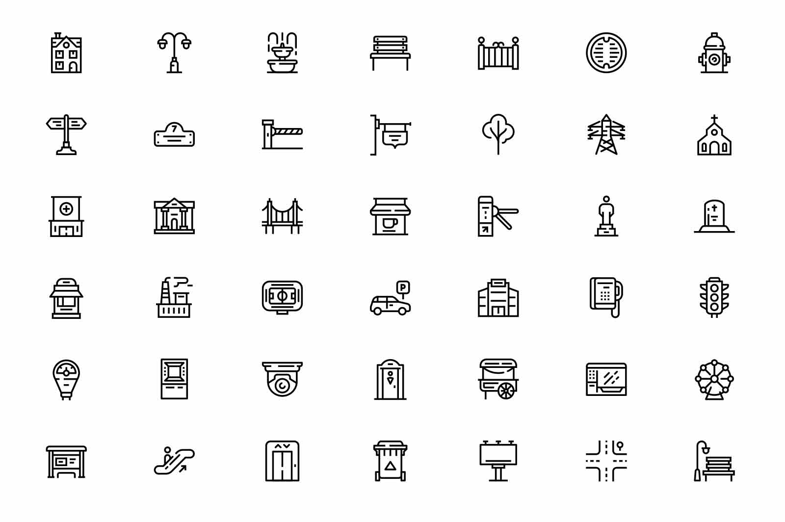Urban city elements for design icons set vector illustration. Collection of linear icon for town decoration. Exterior and architecture concept