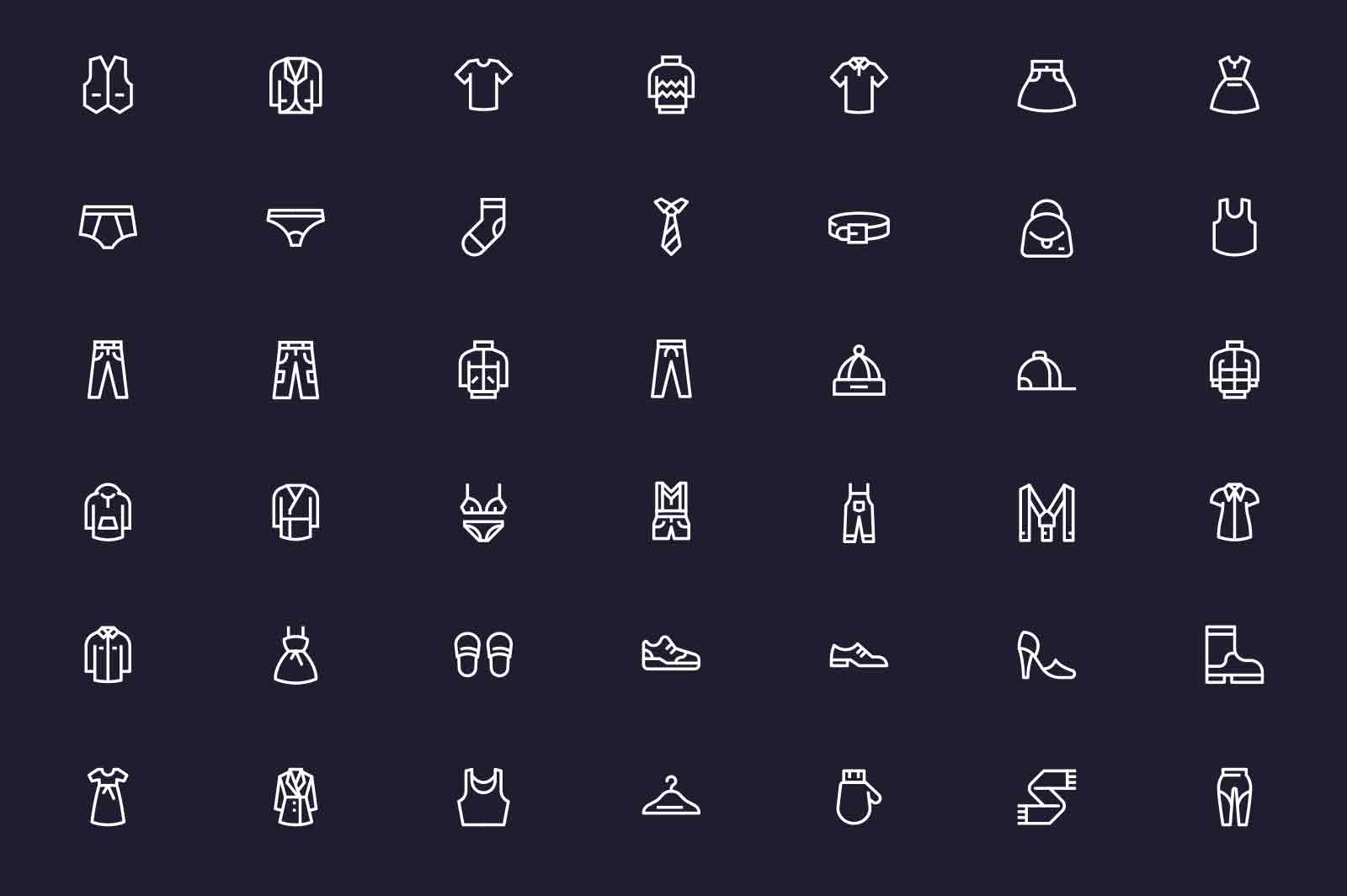Womens and mens clothes icons set vector illustration. Fashion clothes and accessories line icon. Dark background