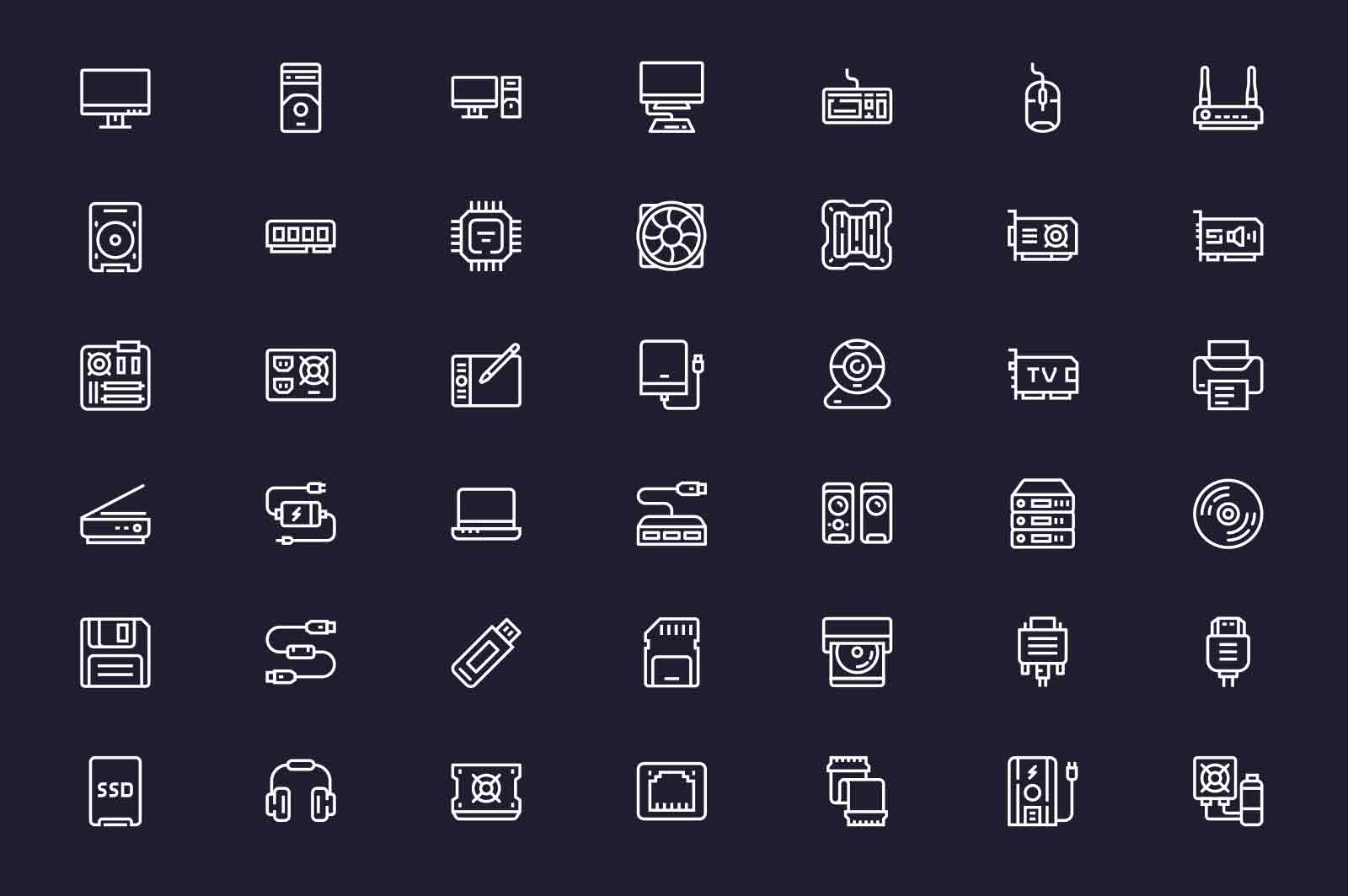 Modern digital devices icons set vector illustration. Computers and accessories line icon. Dark background