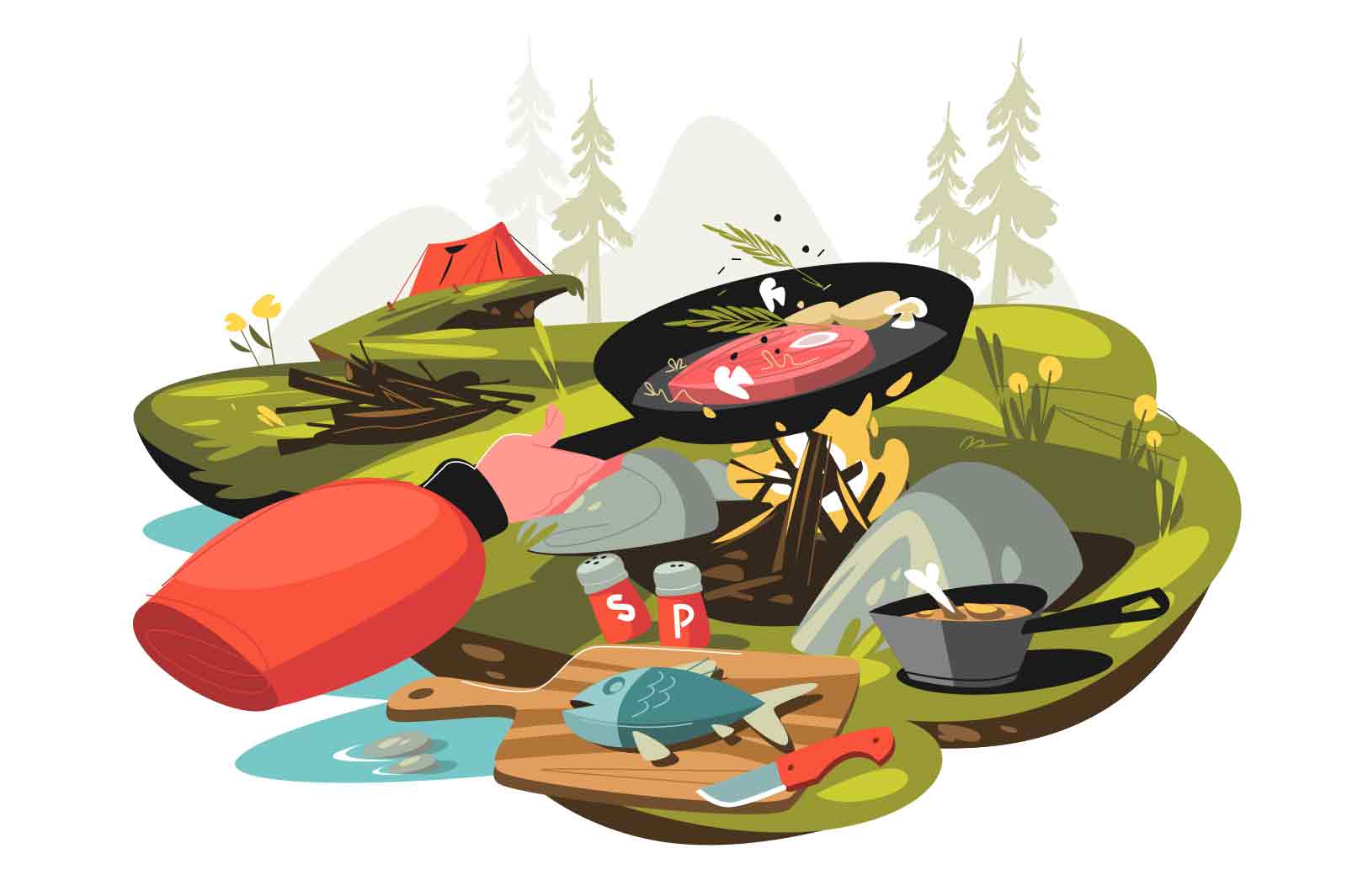 Camping composition with tent and man cooking on bonfire vector illustration. Outdoor food flat style concept. Picnic time idea