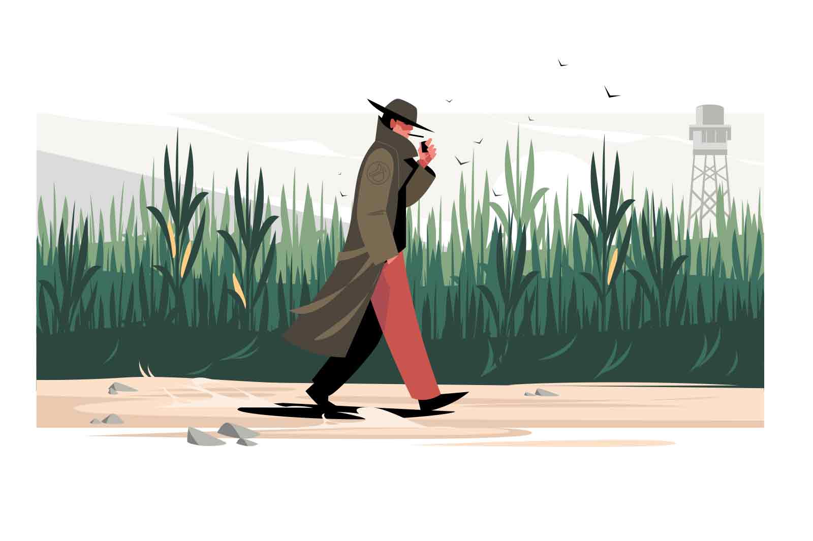 Strange man in coat walk past corn fields vector illustration. Person fire cigar flat style. Farm agricultural landscape, natural concept