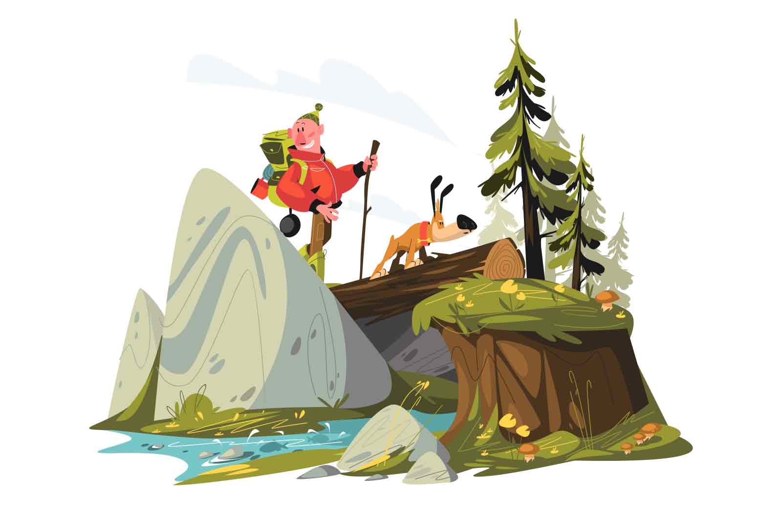 Man tourist traveling with dog in mountains vector illustration. Guy with travel backpack crossing mountain landscape flat concept. Tourism idea