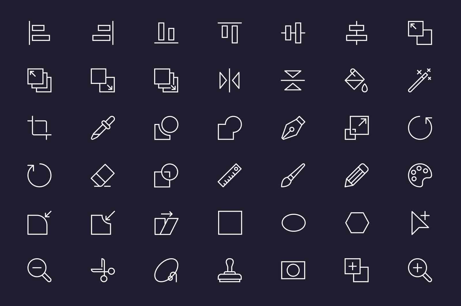 Tools to creative edit file icons set vector illustration. Brush, stamp, color palette and other line icon. Dark background