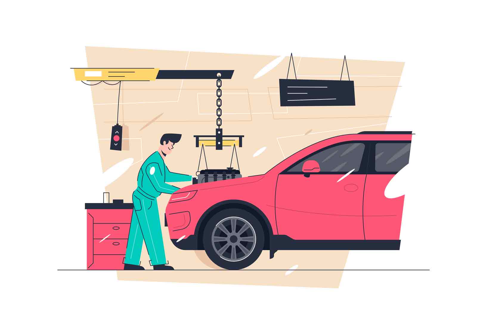 Car workshop mechanic check vehicles engine vector illustration. Car repair service. Automobile engine got fixed in car workshop