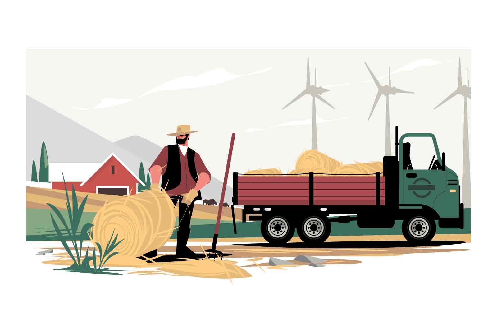 Man farmer getting round bales of hay in truck vector illustration. Mountains and windmills on background flat style concept. Eco farm idea