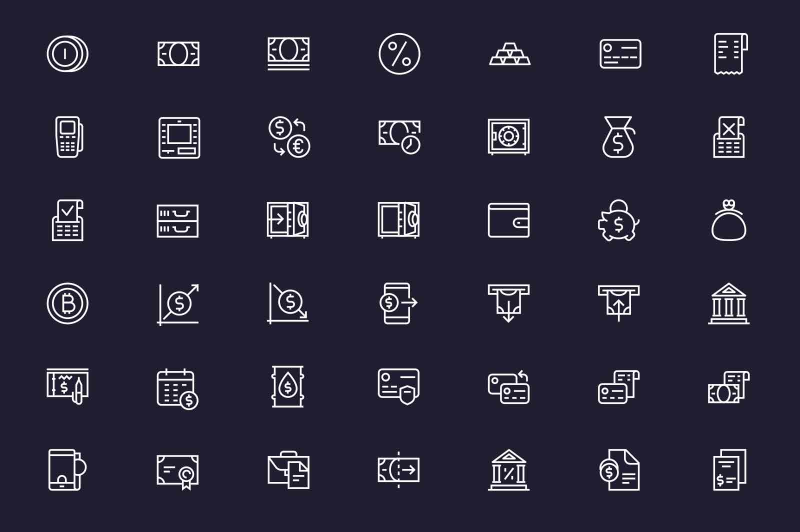 Economy and finance icons set vector illustration. Banking business, exchange rate line icon. Dark background