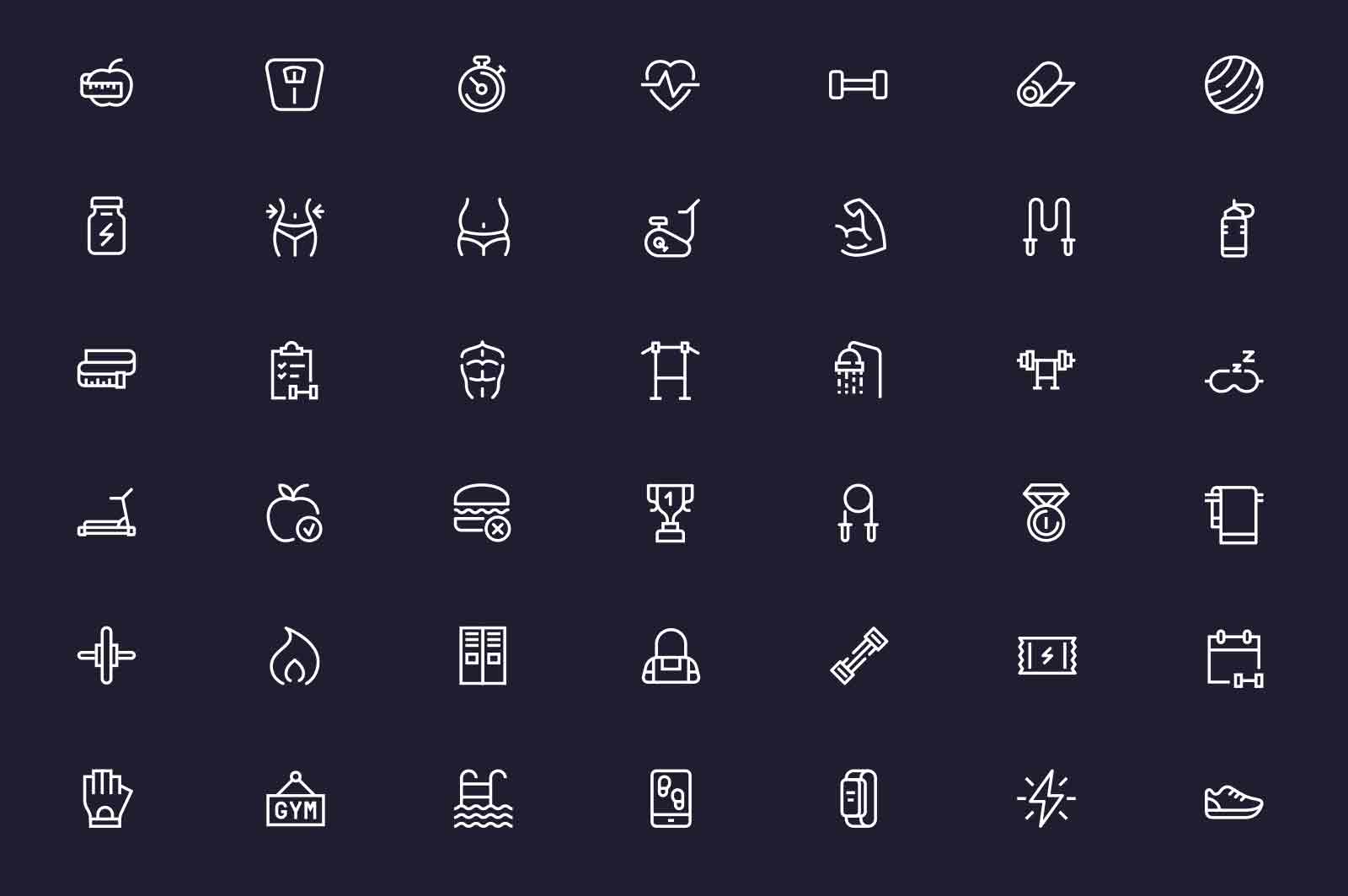 Fitness and health related icons set vector illustration. Support active lifestyle line icon. Dark background