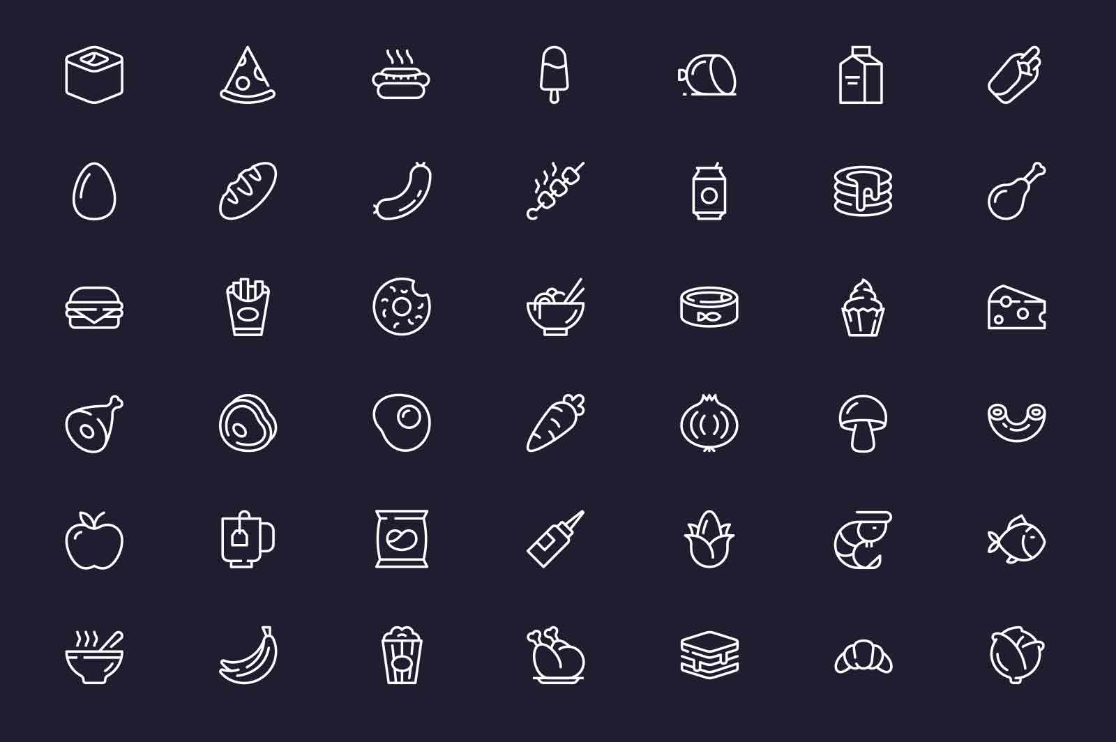 Food and drink related icons set vector illustration. Homemade, fast food and take away line icon. Dark background