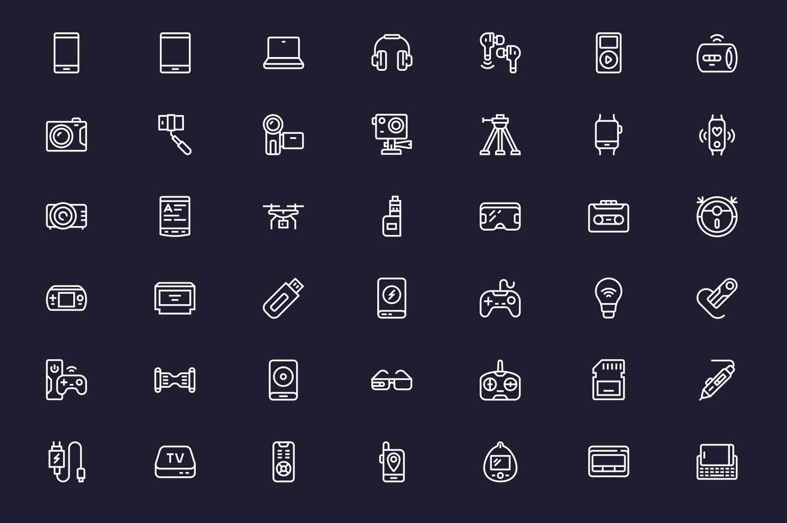 New and old media devices icons set vector illustration. Gadgets to easy life line icon. Dark background