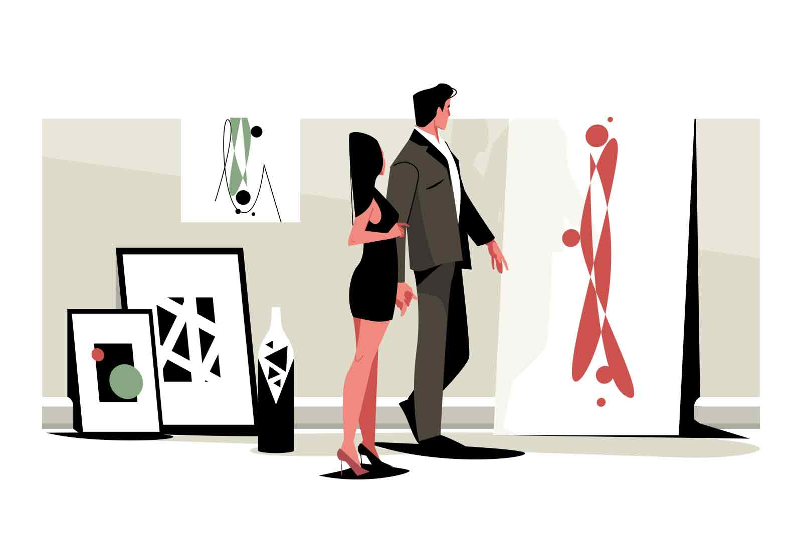 Couple visit art gallery of modern art together vector illustration. Man and woman at art gallery flat style. Artwork and cultural evening idea