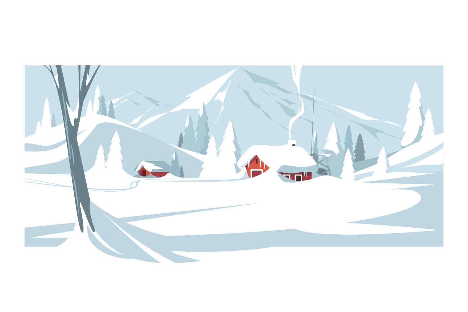 Small houses between snowy mountains, magic land view vector illustration. Tiny village in mountain flat style. Winter holiday, snow concept
